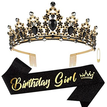 SuPoo Birthday Sash - Black Tiara with Rhinestones &amp; Crystals for Girls &amp; Women - Crown Headband Set for Birthdays, Parties &amp; Halloween