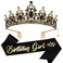 SuPoo Birthday Sash - Black Tiara with Rhinestones &amp; Crystals for Girls &amp; Women - Crown Headband Set for Birthdays, Parties &amp; Halloween