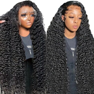 200% Density 13x6 Lace Front Wigs Human Hair Bleached Knots Glueless Deep Wave Lace Front Wigs Human Hair Pre Plucked HD Lace Bye Bye Knots Curly Human Hair Wigs for Black Women (Black, 30inch)