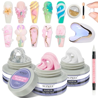 Solid Builder Gel for Nails, Clear White Pink Hard Gel for 3D Nail Art Sculpting with UV Lamp &amp; Chrome Powder for Home DIY Salon, 14g (0.49oz)