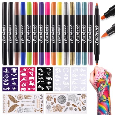 Temporary Tattoo Markers for Skin,15PCS Dual-Ended Tattoo Pen + 50 Paint Stencils + 43 Tattoos Stickers,Glitter &amp; Matte &amp; Neon Glow Body Marker Set, Removable Fake Tattoos Kit for Teens and Adult