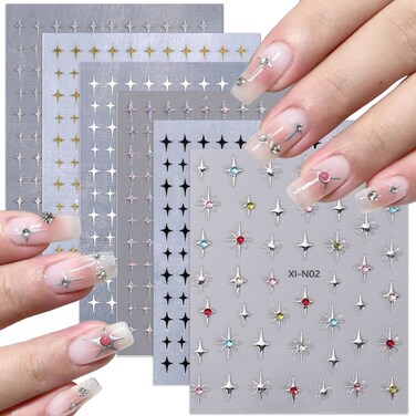Star Nail Stickers 6 Sheets 3D Self-Adhesive Glitter Gold Silver Black White Stars Nail Art Design Stickers with Rhinestones Charms Aurora Star Nail Decals for Nail Art Decor Supplies DIY Accessories