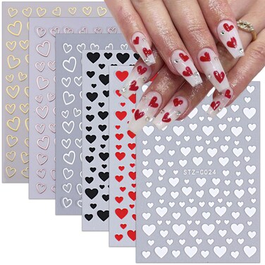 6 Sheets Valentines Nail Stickers 3D Heart Nail Art Stickers Decals Black White Red Gold Silver Heart Nail Design Nail Decals Valentines Nail Supplies for Women Acrylic Nail Decoration DIY