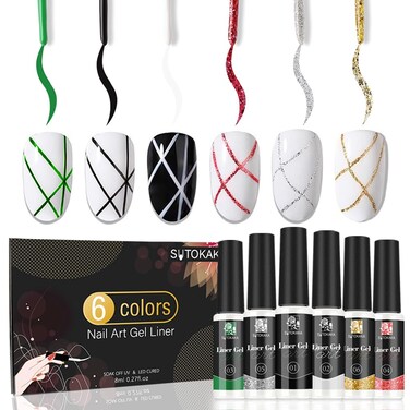 Gel Polish Nail Art Liner Set 6 Pcs Black White Glitter Silver Gold Red for French Tip Swirl DIY Drawing, Built Thin Brush in Bottle UV LED Soak off Manicure Salon DIY at Home