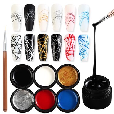 6 Colors Spider Gel Set, Elastic Drawing Spider Gel with Nail Art Brush, White Black Red Blue Gold Silver Paint Wire Drawing Gel Polish Manicure DIY Nail Designs