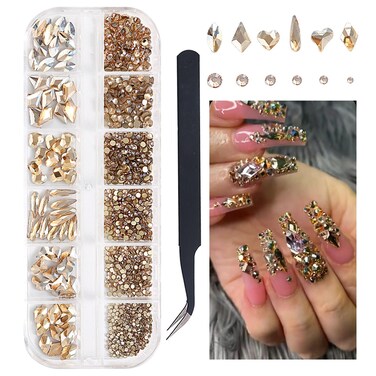 1 Box Champagne Gold Nail Art Rhinestones Multi Shapes 3D Flatback Bedazzling Crystals Non Hotfix Nails Gems Stones with Tweezer Picker Pencil for Manicure Face Eyes Makeup DIY Crafts