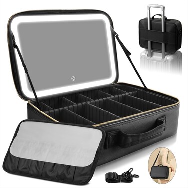 Upgraded Large Travel Makeup Bag with LED Mirror, 15&rdquo; Professional Makeup Case with 3 Color Modes Dimming Lighted Mirror, Light up Cosmetic Make up Organizer with PU Leather Cover, Adjustable Dividers