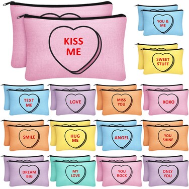 Sweetude 30 Pieces Valentine's Day Makeup Bags Bulk, Valentine's Day Heart Cosmetic Bag with Zipper, Valentine's Day Pouch Travel Purse Toiletry Organizer for Women, 15 Styles