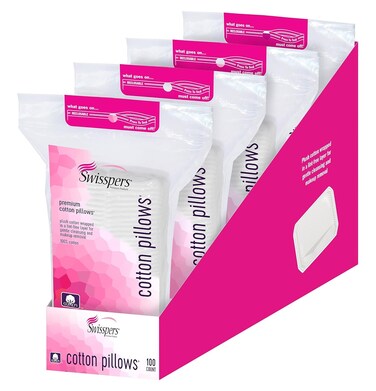 Swisspers Premium Cotton Pillow &ndash; 100 Count (Pack of 4) &ndash; Ultra-Soft, Hypoallergenic Cotton Pads with Precision Grip for Gentle Skincare and Makeup Removal &ndash; Lint-Free Cleaning