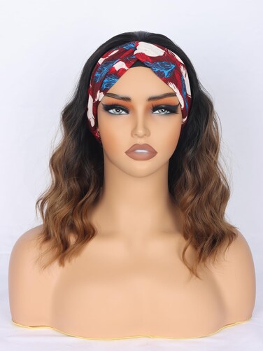 Short Brown Wavy Headband Wig For Black Women Synthetic Black To Brown Half Wigs With Headband Attached Daily Use Wig