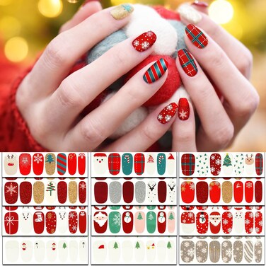 TailaiMei 12 Sheets Christmas Full Wraps Nail Polish Stickers, Self-Adhesive Nail Art Decals Strips with 2Pc Nail File, Glitter Manicure Kits for Nail Art Design