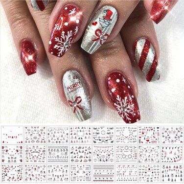 TailaiMei 24 Sheets Christmas Nail Art Stickers Decals, 3D Self-Adhesive Glitter Nail Decorations Design for Santa Claus Snowflake Snowman (1128 Pcs)