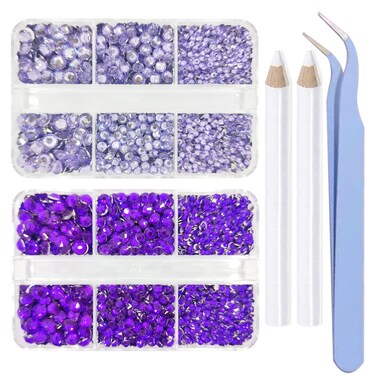 8000 Pieces Non Hotfix Flat Back Gems Round Resin Rhinestones Kit 4 Mixed Sizes（2-4mm） with Picking Pen and Tweezer for Nails Crafts Makeup Eyes DIY Christmas Gift Clothes Phone Bottles (Violet)