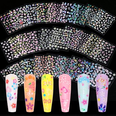 30 Sheets Flowers Nail Art Stickers Colorful Different Flowers Hearts Butterfly Manicure Shape, 3D Self-Adhesive French Tips Nail Decals for Women Girls Kids (Pack of 1)