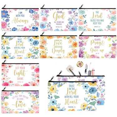 Talltalk 8 Pcs Christian Pencil Bags Inspirational Bible Verse Cosmetic Bags Motivational Gifts with Prayers Double Sided Makeup Pouch Religious Gifts for Christmas Friends(Vibrant Pattern)