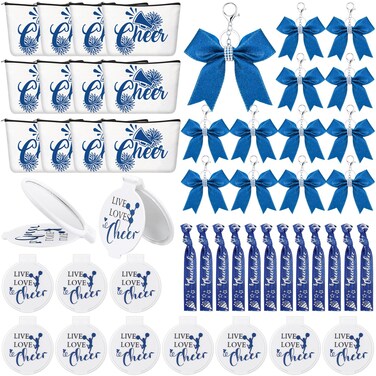 Talltalk 48 Pcs Cheerleader Gifts Set Cheer Gifts Bulk for Team 12 Cheer Makeup Bag 12 Cheer Bracelets 12 Folding Cheerleading Makeup Mirror 12 Bow Keychain for Cheer Team Party Favors(Blue)