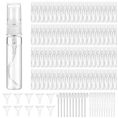 320 Pcs Mini Spray Bottles with 10 Perfume Dispensers, 10 Droppers, and 10 Funnels, Clear Refillable Glass Perfume Atomizer for Travel, Fragrance, Scent Samples, and Pocket Dispensers (5ml)