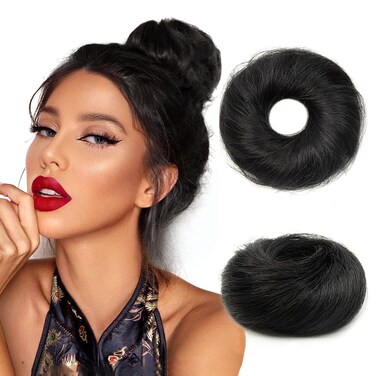Messy Bun Hair Piece Human Hair Wavy Stretchy Jet Black 100% Real Human Hair Scrunchies Hair Bun Donut Elegant Chignon with Elastic Rubber Band Human Hair Tousled Updo Extension (#1 Jet Black)