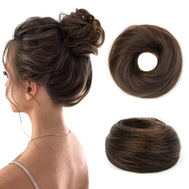 Human Hair Bun Hair Piece Elastic Rubber Band #Dark Brown Stretchy Fluffy Tousled Updo Chignons Human Hair Messy Bun Scrunchies Hair Piece Ponytail Extensions for Women (#02 Dark Brown)