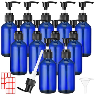 Tanlade 12 Pcs Glass Pump Bottle Dispenser 4 oz Travel Bottles with Pump Refillable Glass Containers for Toiletries Lotion Liquid Soap Shampoo Essential Oils Cosmetic Travel Accessories(Blue)