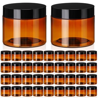 Tanlade 40 Pcs Amber Plastic Jars with Lids Round Cosmetic Containers Amber Jars Refillable Containers for Powder Liquid Food Storage Kitchen Cosmetic Lotion Ointments Creams Essential Oil (10 oz)