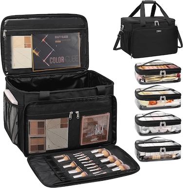 Large Makeup Bag Makeup Artist Bag Professional Cosmetic Bag Travel Makeup Case with 4 Clear Bag Hairstylist Train Case with Detachable Dividers and Shoulder Straps