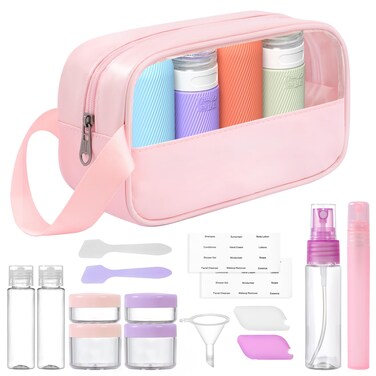 20 Pack Travel Bottles for Toiletries, TSA Approved Leak Proof Silicone Travel Size Containers with Labels Pink Toiletry Bag, Portable Travel Essentials for Women，Refillable Empty Travel Bottles Set