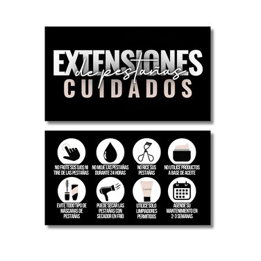 Cute Modern Spanish Lash Extension After Care Cards/Pack of 55 business card size. Eyelash extensions supplies great for your lash extension kit (Black, White and tan/light pink)