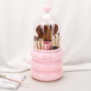 Tbestmax Makeup Brush Holder Organizer with Lid 360-Degree Cosmetic Brush Container Dispenser Pink for Vanity Bathroom Desk
