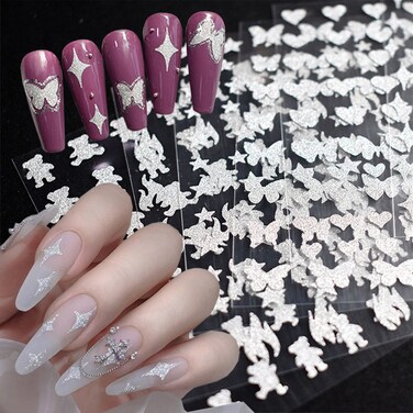 Silver Nail Art Stickers, 3D Self-Adhesive Nail Sticker, Shine Silver Nail Art Decals Design, Flame Butterfly Stars Bear Love Heart Nail Decal for Women Girls Manicure Nail Art Decoration(6 Sheets)