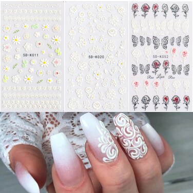 White Flowers Nail Art Stickers, 5D Engraved Flower Nail Art Self-Adhesive Sticker Design, Holographic Embossed Lace Floral Leaf Rose Nail Art Transfer Decals for Women Manicure Blossom Decorations
