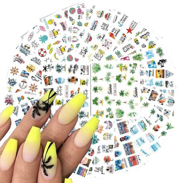 24 Sheets Seaside Beach Nail Art Stickers, Holographic Summer Nail Water Transfer Decals Design, Coconut Tree Fruits Cold Drink Nail Sticker Supplies for Women Manicure Decorations, Resin Nail Decal