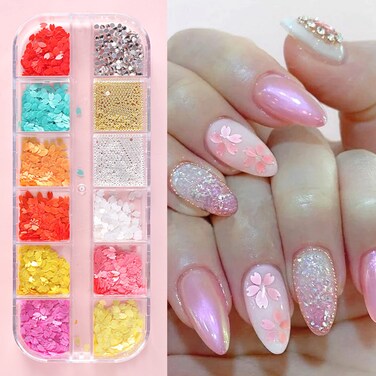 Floral Petals Glitter Nail Art Flakes, Flowers Nail Sparkly Flakes Rhinestone Beads Nail Art Design, 3D Flower Petals Glitter Nails Supplies for Women Manicure Charms Decorations, Floral Nail Art Tips