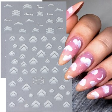 Sliver Nail Art Adhesive Sticker 3D Self-Adhesive Nail Decals Art Design Holographic White Clouds Wings Stars Nail Art Sticker Decoration for Women Manicure Tips Acrylic Nails DIY Nails Art Supplies
