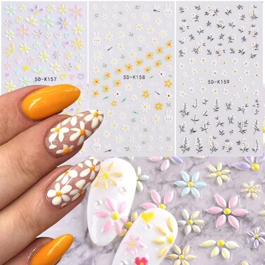 Daisy Flower Nail Art Stickers, Holographic 5D Embossed Flowers Nail Self-Adhesive Sticker Design, White Floral Leaf Engraved Nail Art Decals for Women Manicure Decorations, Blossom Transfer Decal