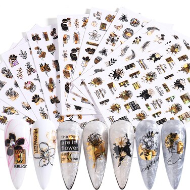 9 Sheets Gold Nail Art Stickers, 3D Flowers Nail Self-Adhesive Sticker, Laser Gold Floral Rose Leaf Nail Art Decals Design Supplies for Women Girls Manicure Tips Charms Decorations Acrylic Nail Decal