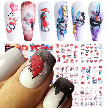 TBRZTR 12 Sheets Valentine's Day Nail Stickers Love Tower Umbrella Patterns Design Water Transfer Decals Holographic Art Sticker Decal DIY Supplies Manicure Decoration Decal, Red