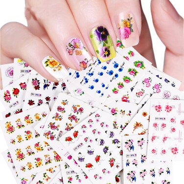 55 Sheets Flowers Nail Art Stickers, Holographic Floral Butterfly Bird Nail Art Decals, Small Flower Water Transfer Nail Decal Designs Supplies for Women Girls Manicure Decorations Nail Sticker Set