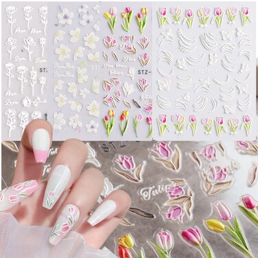 Tulip Flower Nail Art Stickers, 5D Engraved Flowers Nail Art Self-Adhesive Sticker Supplies, Spring Embossed Rose Floral Tulip Line Nail Transfer Decals for Women Girls Manicure Charms Decorations