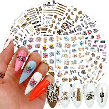 24 Sheets Leopard Print Tiger Nail Art Decals, Holographic Animal Water Transfer Nail Decal Design, Tiger Leopard Flowers Leaf Letters Nail Art Stickers for Women Girls Manicure Charms Decorations
