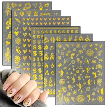 Gold Nail Art Stickers 3D Self-Adhesive Decals-Flame Snake Butterfly Flowers Fairy Heart Nail Art Design Holographic Laser Glitter Nail Decoration for Women Girls Manicure Charms Supplies (6 Sheets)