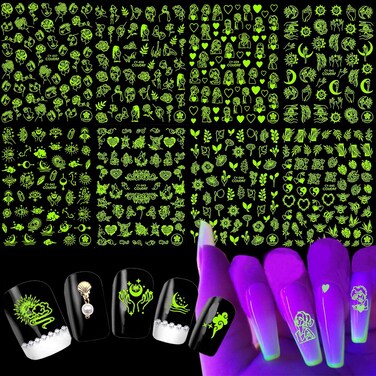 Luminous Nail Art Stickers, 3D Self-Adhesive Nail Decals Nail Art Design Flowers Sun Moon Star Abstract Face Heart Nail Sticker Decoration for Women Girls Manicure Acrylic Nails Supplies(8 Sheets)