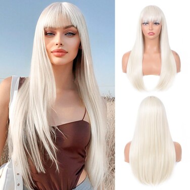 Platinum blonde Wig with Bangs for Women &ndash; Long Straight Heat Resistant Synthetic Wig for Daily Use, Party, Halloween, Cosplay &ndash; 24 Inch Platinum blonde Wig for Girls
