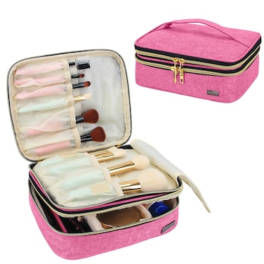 Teamoy Travel Makeup Brush Organizer, Cosmetic Brushes Bag Case with Compartment for Brushes and Beauty Essentials, Pink