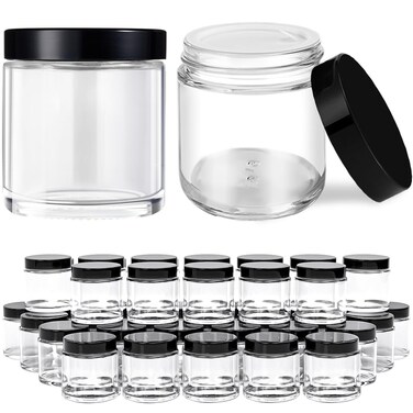 4 oz Glass Jars with Lids, 48 Pack Clear Cream Canning Mason Jars with Lids, White Labels &amp; Inner Liners, Empty Airtight Round Clear Slime Containers for Spice, Lotion, Ointments