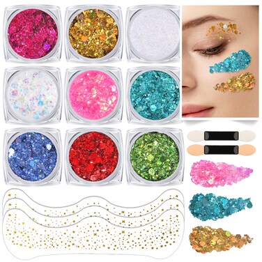 Teenitor 9 Color Face Glitter &amp; 3 Gold Face Freckles Set - No Glue Needed Body Glitter Gel, Hair Glitter Festival Makeup for Parties, Halloween