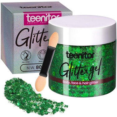 Teenitor Green Body Glitter, Face Glitters, Green Glitter, Body Glitter Gel, Hair Glitter Gel, 80g/2.8oz Holographic Glitter for Face Body Hair, Glitter Makeup for Kids