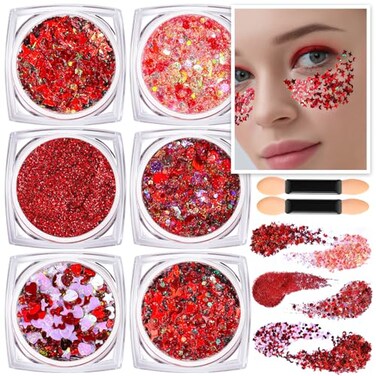 Teenitor Face Glitter Body Glitter, Red Body Glitter Gel, Hair Glitter Gel, 6 Shapes Festival Rave Glitter, Body Makeup Glitters Gel, Chunky Sparkling Glitter for Face, Body and Hair