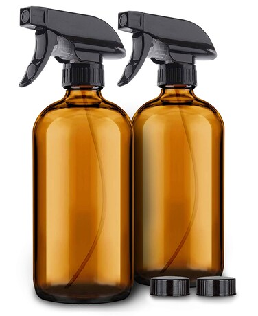 2 Pack Amber Glass Spray Bottles - 16 oz Mist &amp; Stream Sprayer - Heavy Duty Brown Boston Round Bottle - Refillable Empty Containers for Essential Oils, Aromatherapy, Hair, Kitchen &amp; Cleaning Solutions