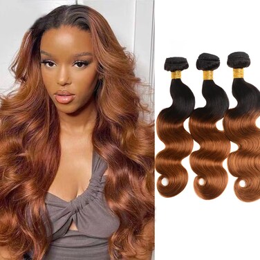 Ombre Body Wave Bundles Human Hair 1B/30 Brazilian Virgin Human Hair Two-tone Dark Root To Blonde Brown Body Wave 3 Bundles Unprocessed Remy Hair Extensions for Women (T1b/30, 16-20 inch)